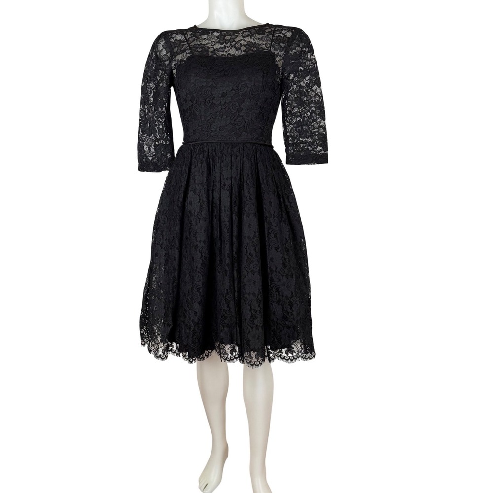 Vintage 60s Black Lace Fit and Flare Cocktail Dress Eyelash Hem ILGWU 23 Waist